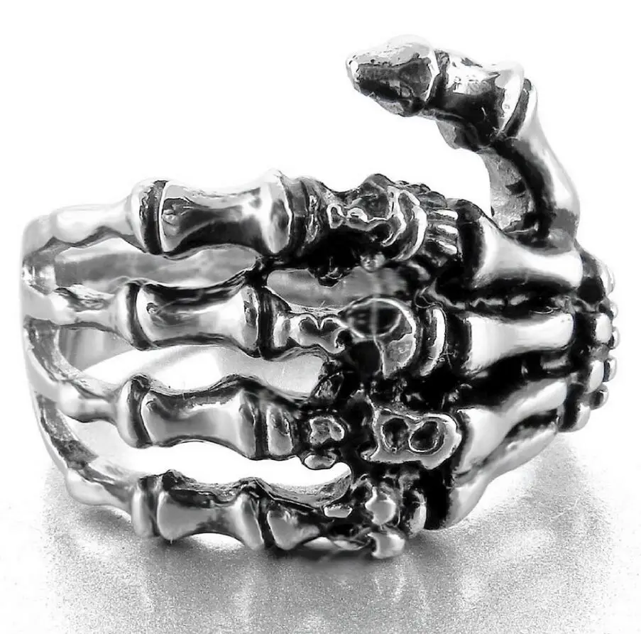 Модное кольцо унисекс с черепом из нержавеющей стали, мужское кольцо, ювелирное серебро, ручная кость панк-рок, скелет, кольцо