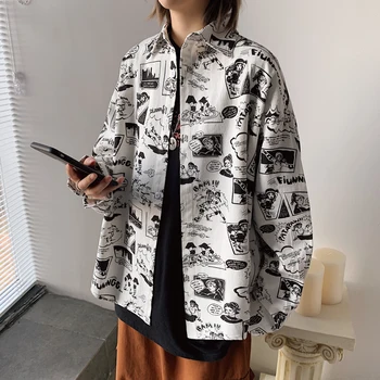 

2020 Fashion Korean Clothes Camisas Para Hombre Loose Fit Mens Dress Shirts for Lovers Comic Printed Couples Street Clothing
