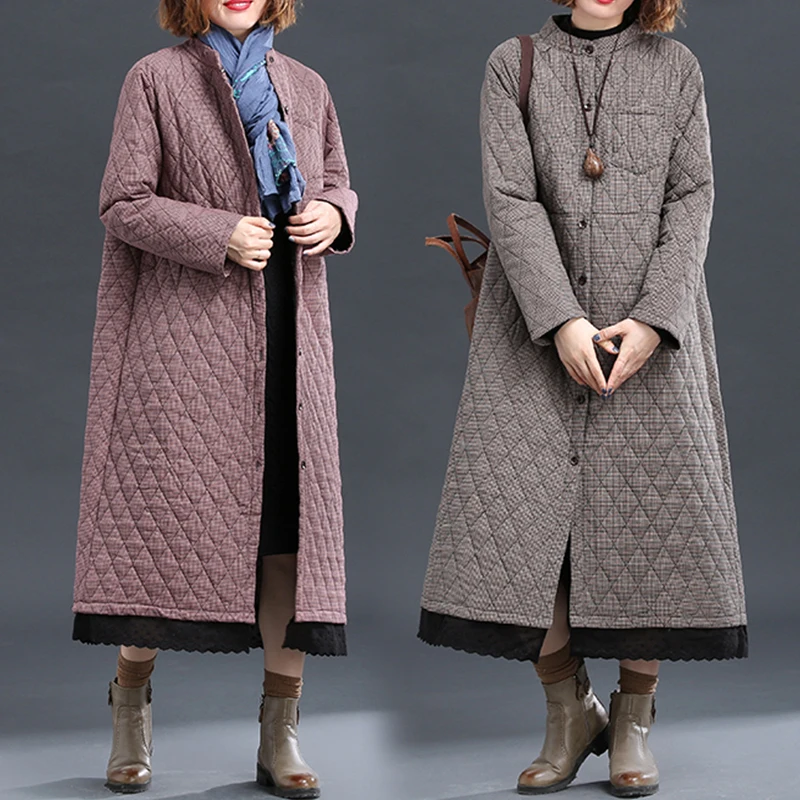 

Autumn Winter Retro Cotton-Padded Jacket Women Long Sleeve Stand Collar Slim Fit Long Plaid Parkas Vintage Winter Coat Women
