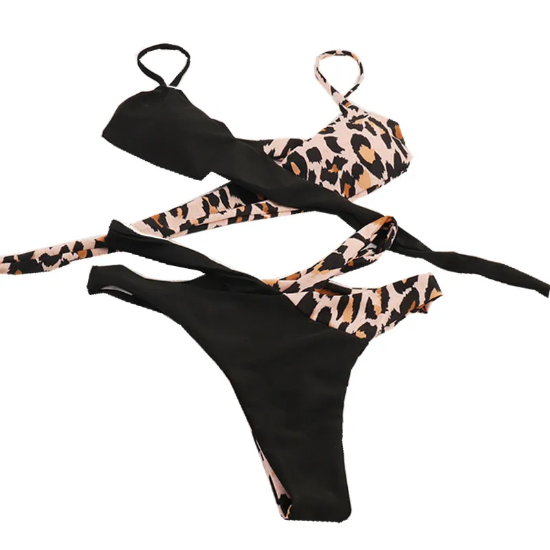 Leopard Stitching Bikinis Retro Thong Swimsuit Women Sexy Cross Strap Swimwear Beachwear Female Bathing Suit Tankinis 2020 Mujer