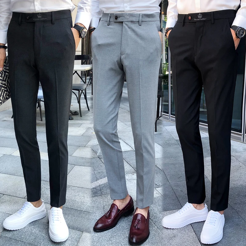 

Winter Pantalon A Cuadros Hombre Gentleman Elastic Embroidery Office Pants Mens Dress Pants Slim Fit Black Suit Trousers Grey