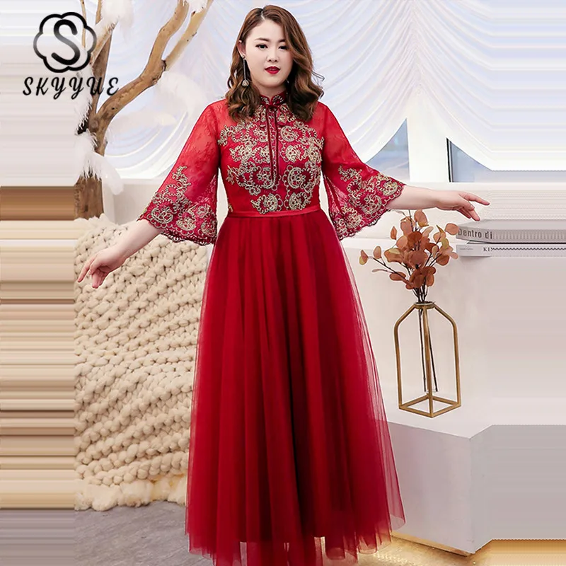 

Skyyue Evening Dress 2019 High Callor Appliques Robe De Soiree Plus Size Women Party Dresses Three Quarter Formal Gown T089