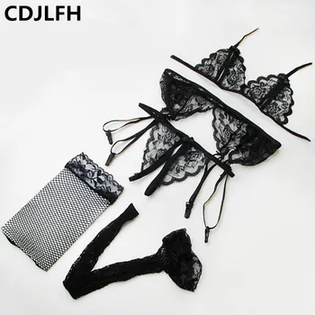 

4pcs Sexy Underwear Bras For Women Lace Push Up Transparent Bra Set Erotic Women Underwear Bras & G-string & Net Socks & Sling