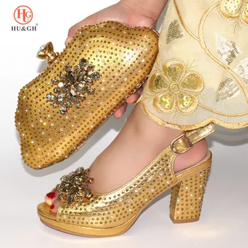 

New Gold Color Shoes and Bag Set African Sets 2019 African Shoes and Matching Bags Italian High Heels Pumps for Wedding Dress