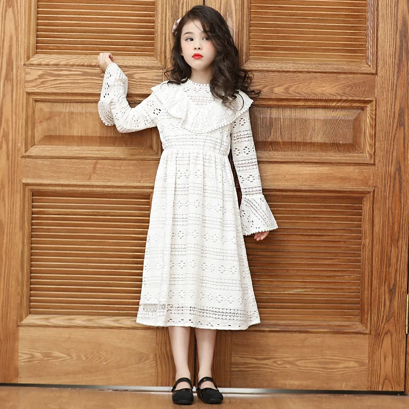 Платье для девочек в дворцовом стиле; сезон весна-осень; кружевное платье принцессы с длинными рукавами и расклешенными рукавами; вечерние белые платья для девочек