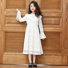 Платье для девочек в дворцовом стиле; сезон весна-осень; кружевное платье принцессы с длинными рукавами и расклешенными рукавами; вечерние белые платья для девочек