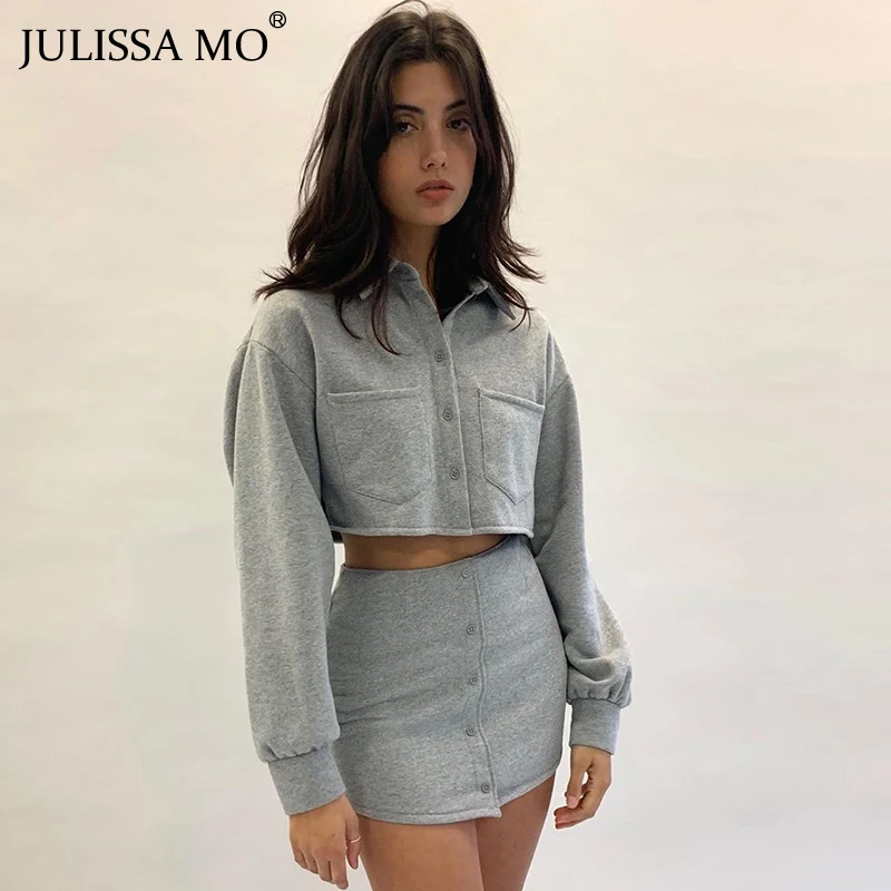 JULISSA MO осеннее облегающее платье из двух частей Женский комплект Harajuku топ с отложным воротником+ юбки с высокой талией Серый Повседневный базовый наряд