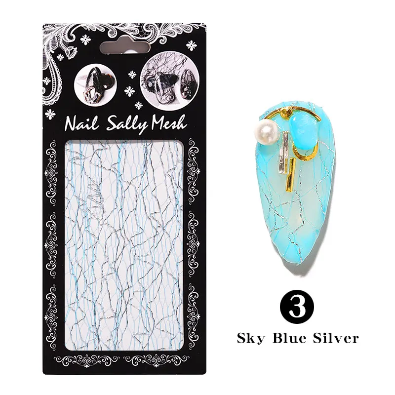1 шт 3D сетка наклейка для ногтей полоса линия слайдер Маникюр Клей шелковая Фольга украшения для ногтей Наклейка сетка с блестками проволока - Цвет: Sky Blue Silver