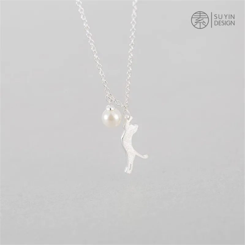 New Fahion Cute Kitten Pearl 925 Sterling Silver Jewelry Sweet Cat Animal Temperament Clavicle Chain Necklaces H484 - Image 3