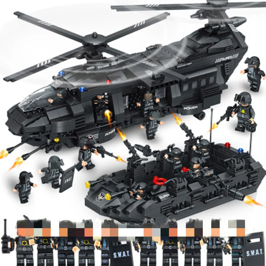 

New 1351PCS Military Set City Police SWAT Team Transport Helicopter with figures Kid Gift Toys for children