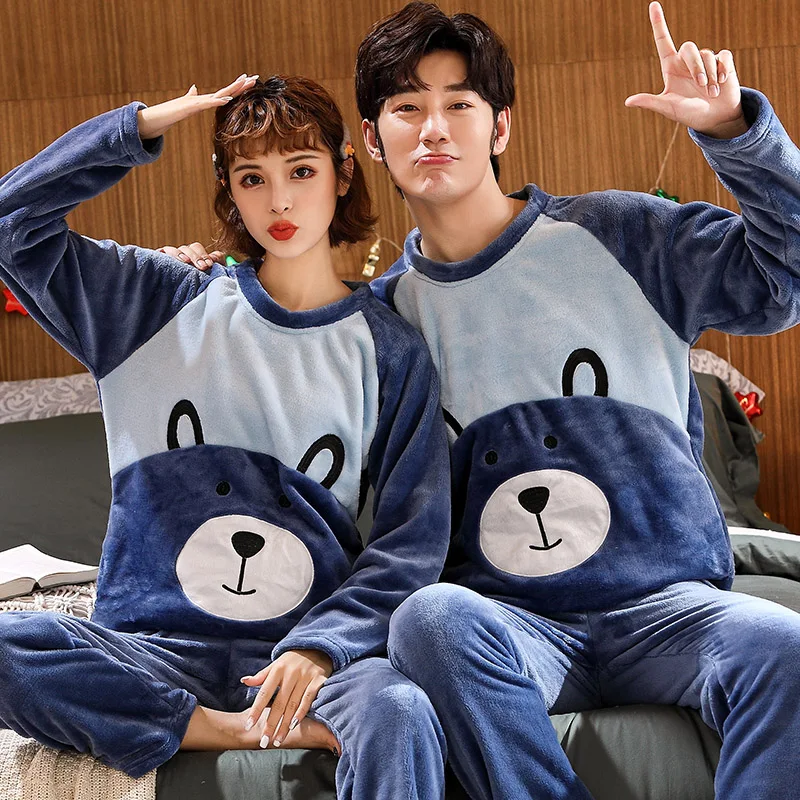 

Thick Flannel Pajamas Sets Couples Lovely Bear Women Sleepwear Big Yards 3XL Nightshirt Winter Keep Warm Homewear For Male