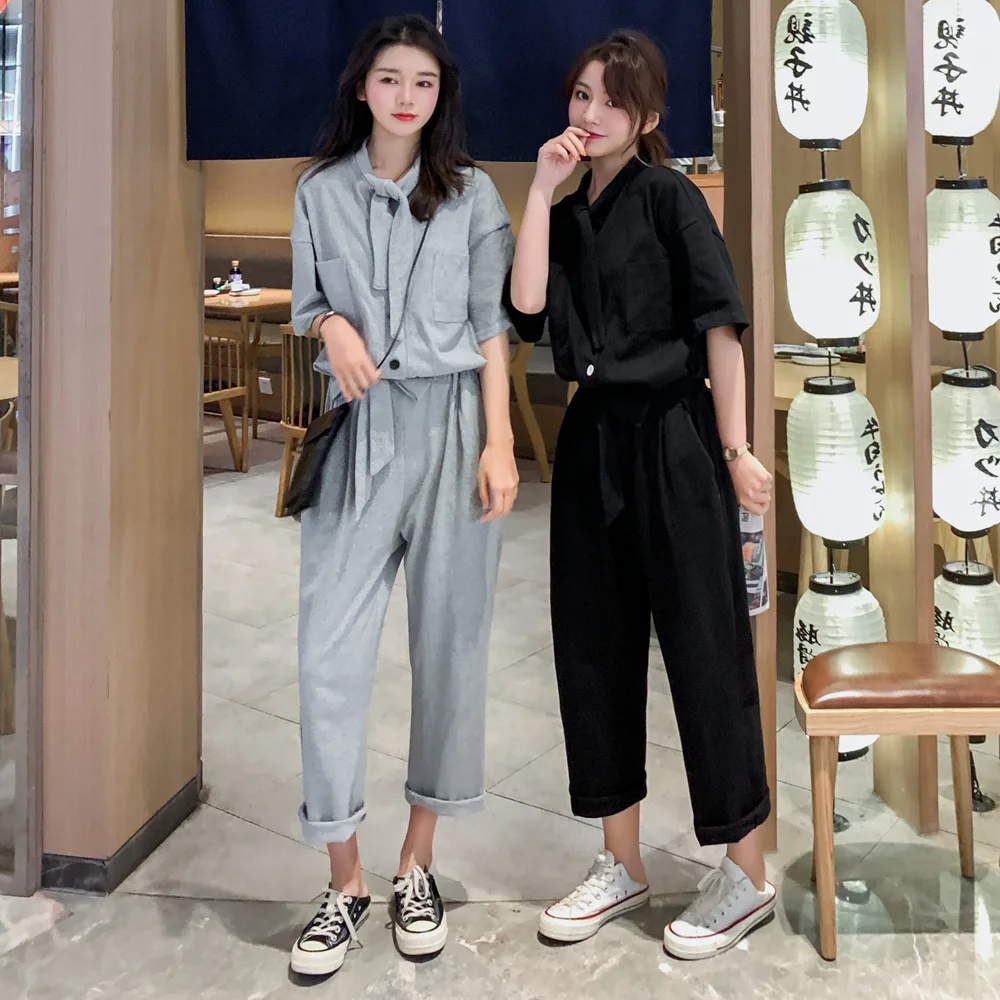 

Photo Shoot 2019 Summer New Style Korean-style Bowtie Romper Suit Women's Fashion Retro CHIC-Style Waist Hugging Knit Jumpsuit