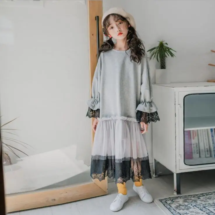 

2019 Korean style girls ruffles dress patchwork fashion autumn girls dresses 4-9t C229
