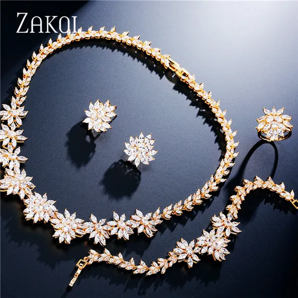ZAKOL классические циркониевые наборы свадебных ювелирных изделий в форме цветка 4 шт. ювелирные изделия для женщин юбилей вечерние FSSP225 - Окраска металла: 4 PCS Set Gold