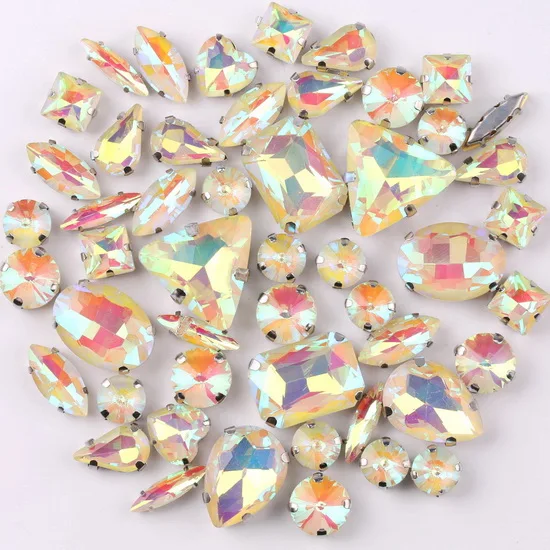 Silver Claw Setting Crystal Rhinestones - 50pcs Mixed Shapes, Clear & Jelly Candy AB