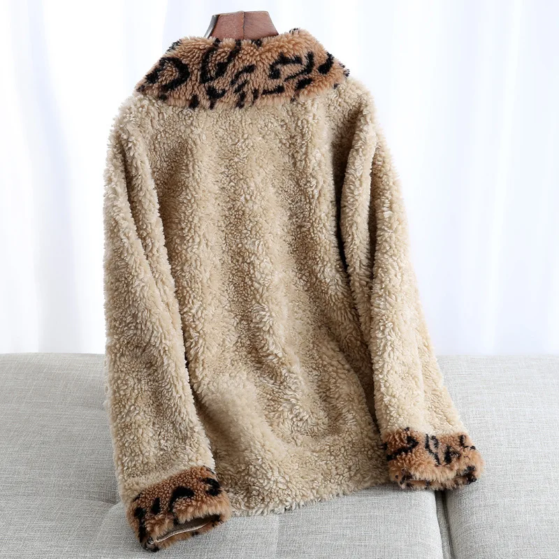 

Autumn Winter Coat Women Sheep Shearling Real Fur Coat Female 100% Wool Coats Korean Leopard Jacket Manteau Femme MY4383
