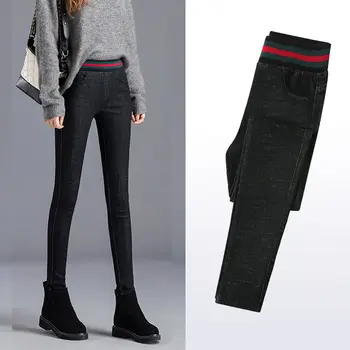 

2020 jeans women's pants autumn and winter high waist elastic waist slim slim plus Plush thickened Korean black leggings