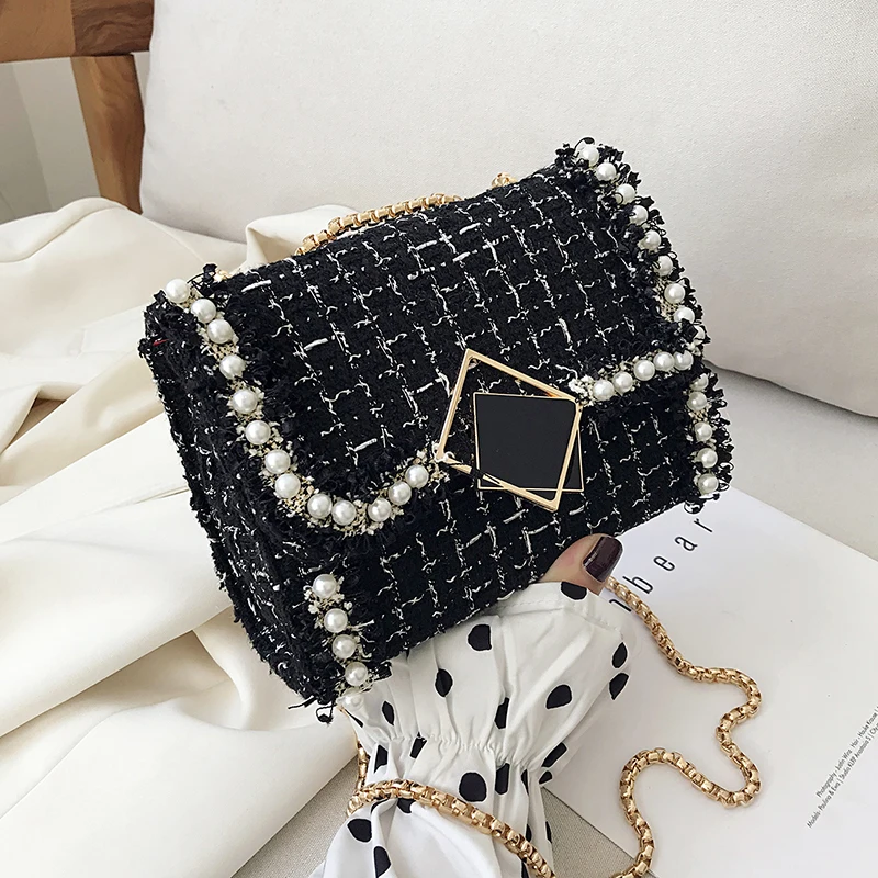 

Pearl Designer Woven Crossbody Bags For Women 2019 Lock Chain Shoulder Messenger Bag Female Travel Handbags and Purses