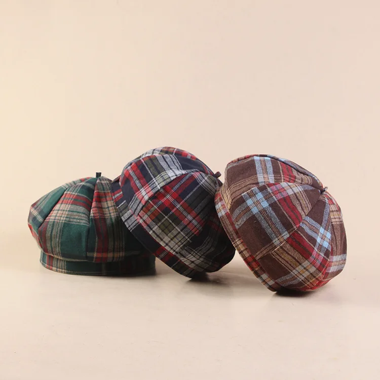 

Autumn & Winter Plaid Octagonal Cap Women's Korean-style Versatile Brim Hat Beret Retro Literature And Art Painter Hat Newsboy C