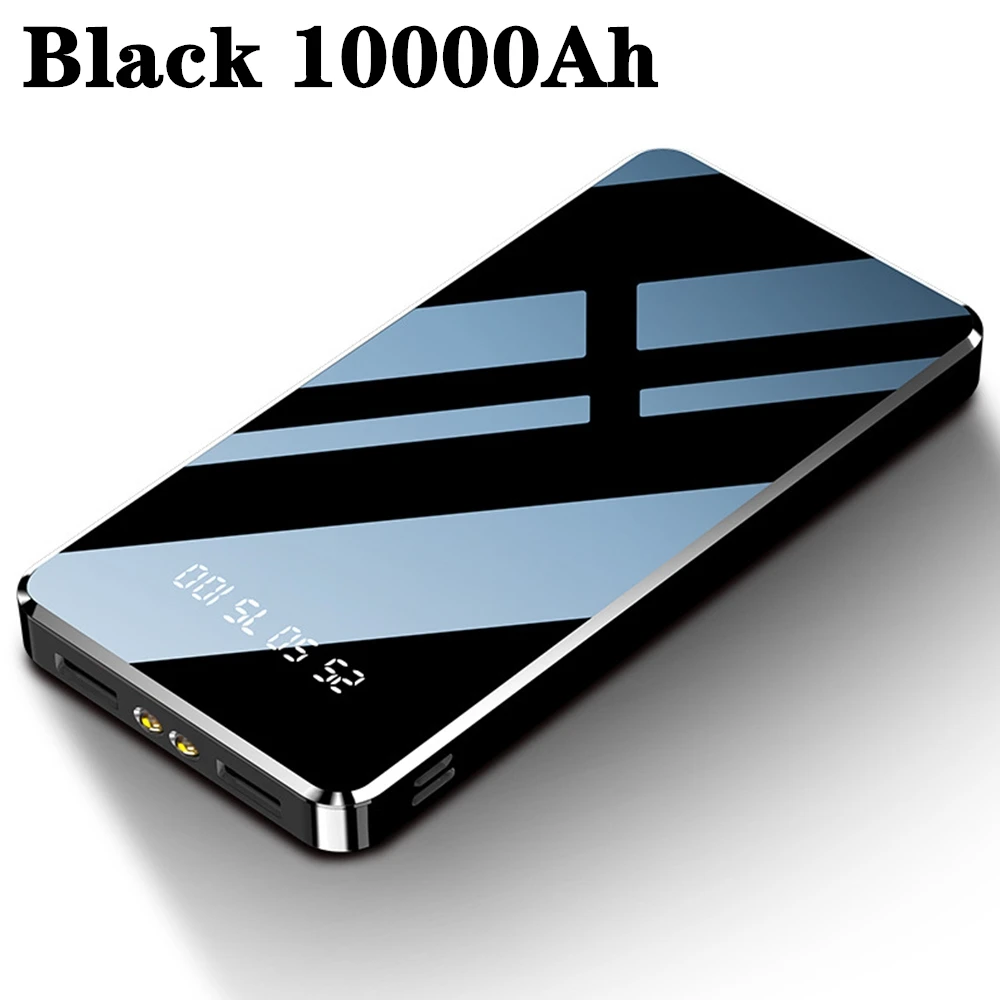 10000mAh Black Внешний аккумулятор 20000 мА/ч с зеркальным покрытием, внешний аккумулятор 10000 мА/ч для iPhone 11, светодиодный дисплей, внешний аккумулятор с двумя usb-портами, портативное зарядное устройство+ светильник - Цвет: 10000mAh Black