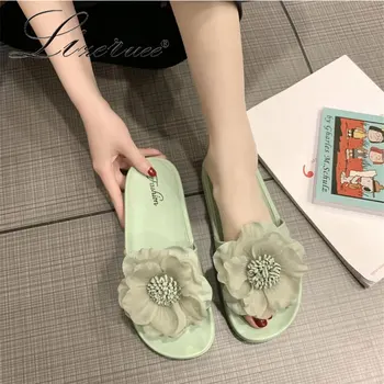 

Womens Summer Outer Wear PU Fashion Solid Color Floral Slippers Casual Wild Thick Bottom Beach Shoes Ladies Flat Heel Slippers