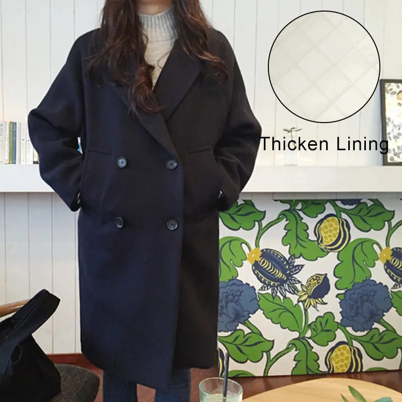 Корейский стиль, женское длинное пальто, однотонное бежевое черное пальто, Женское пальто с отложным воротником и длинным рукавом, осенне-зимнее теплое пальто для женщин - Цвет: Thicken Black