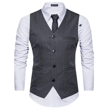 

New Men Striped Vest Single-breasted Casual Slim Jacket Business Vest Waistcoat Men Vests mens suit vest fit mens