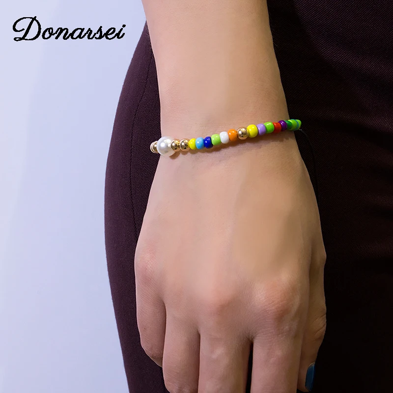

Donarsei Simple Colorful Beaded Bracelet For Women Ethnic Adjustable Handmade Pearl Strand Bracelet Boho Jewelry