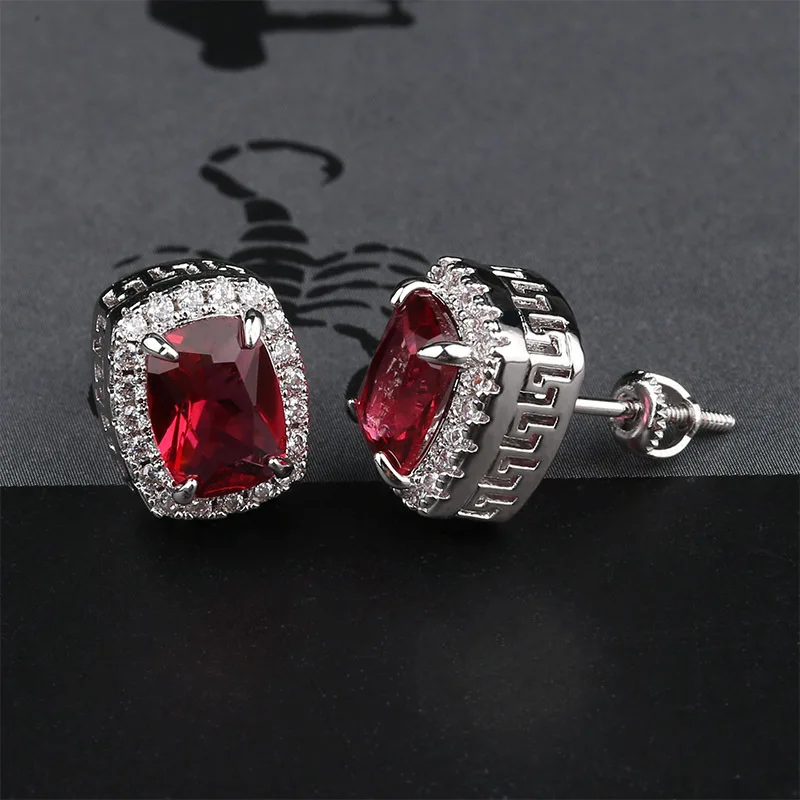 Silver Red Хип-хоп ювелирные серьги для мужчин и женщин золото серебро Цвет Iced Out CZ Bling квадратные серьги с закручивающаяся задняя часть пряжки - Окраска металла: Silver Red