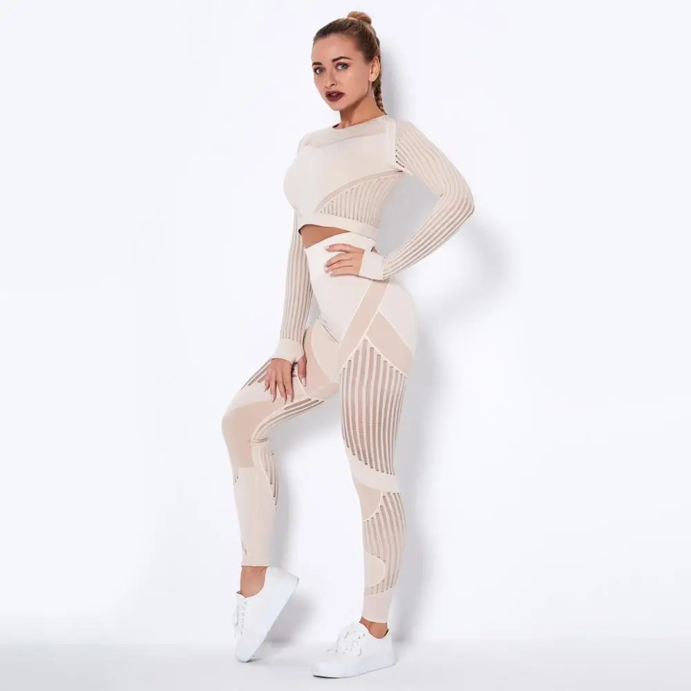 

New Sexy Fashion Solid Color Seamless Mesh Stripe Breathable Quick-Drying High Stretch Sports Fitness Running Pants Yoga Clothes