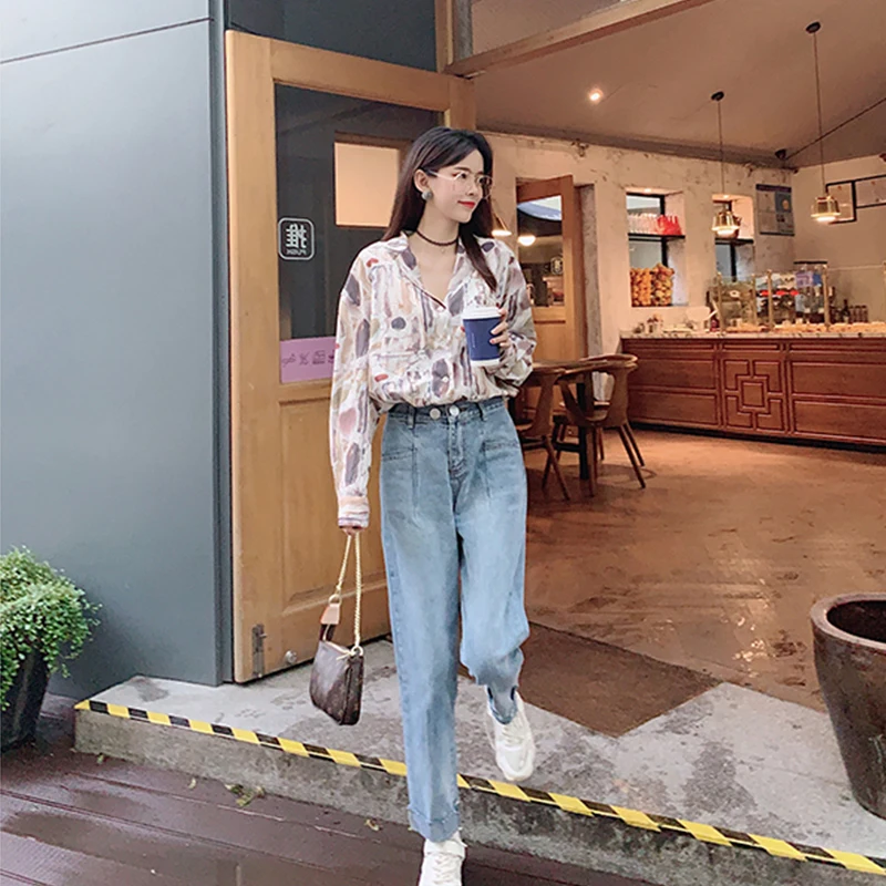  MISHOW 2019 Autumn Vintage Painting Printing Blouse Women Causal OLstyle Standing Collar Shirt Tops