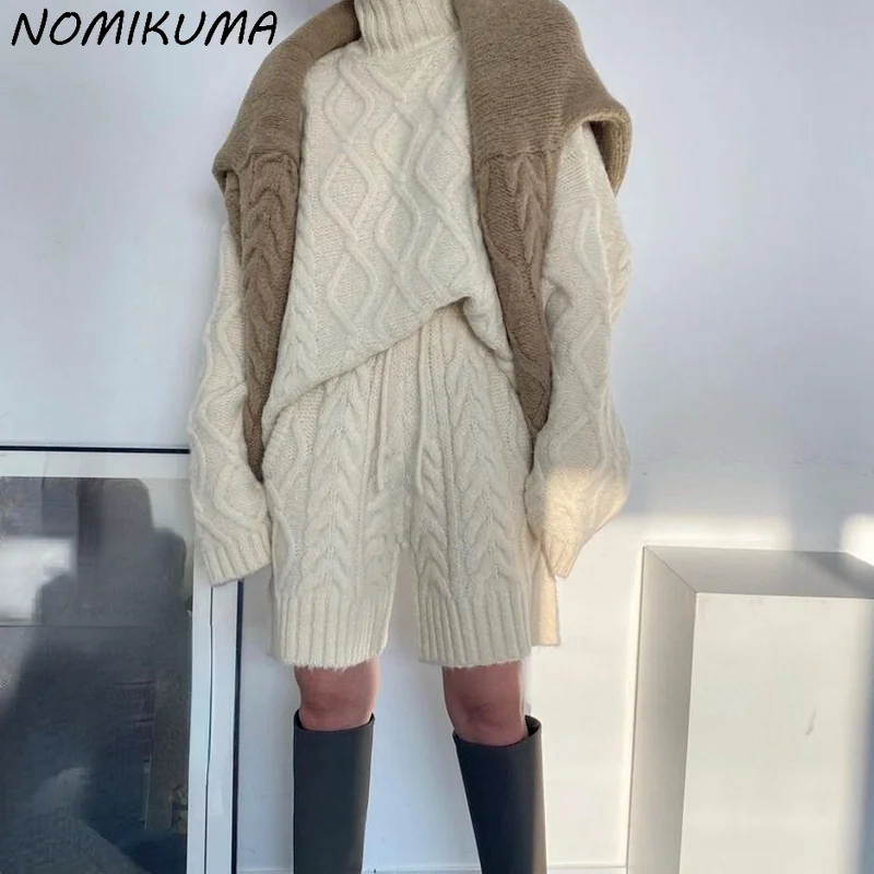 Nomikuma Korean Twisted Knitted Short Sets Turtleneck Long Sleeve Pullover Sweater + Lace Up High Waist Shorts Women Suits 6X538 |