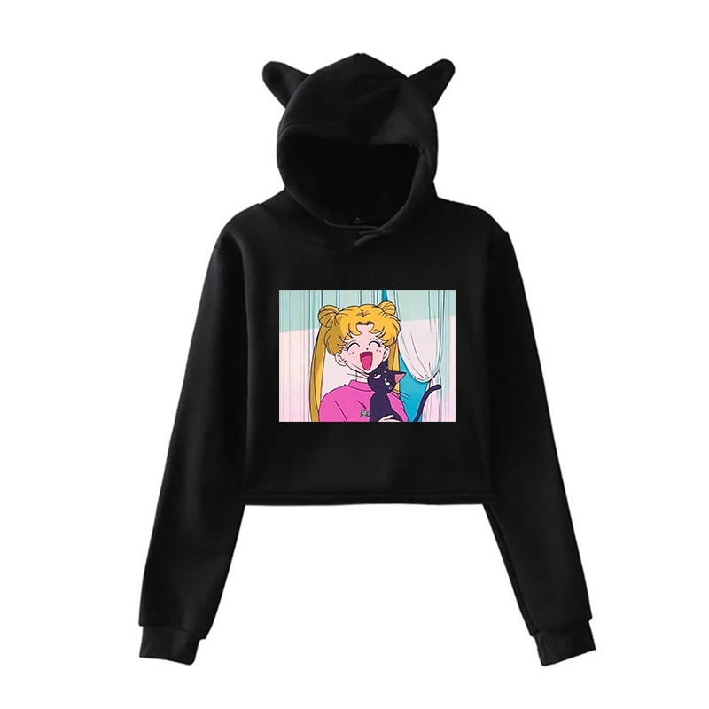 Сейлор Мун с эстетическим принтом для женщин Harajuku Короткие толстовки осень Kawaii уличная Толстовка для девочек модный пуловер с капюшоном