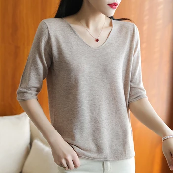 

2020 Fine Imitation Thin Section 100% Pure Cardigan Woman V-Neck Pullover 3/4 Sleeve Ultra Thin Bottoming Sweater Top Women