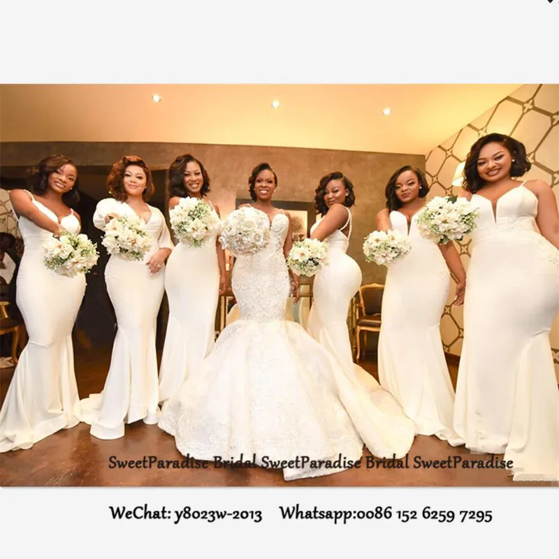 White Mermaid Bridesmaid Dresses With Appliques African Women Sexy Spaghetti Strap Long Formal Wedding Guest Dress Party Gown