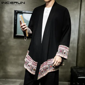 

Vintage Men Outerwear Printed Ethnic Style Long Sleeve Cardigan 2020 Kimono Casual Men Trench Coats Streetwear Jackets INCERUN