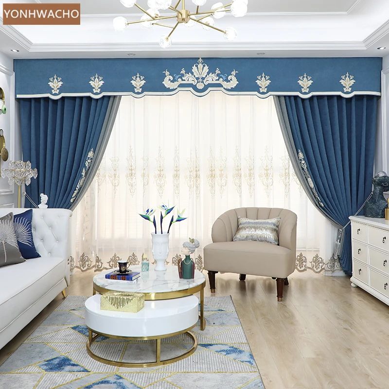 

Custom curtain Light luxury European living room chenille embroidery blue cloth blackout curtain valance tulle panel C737