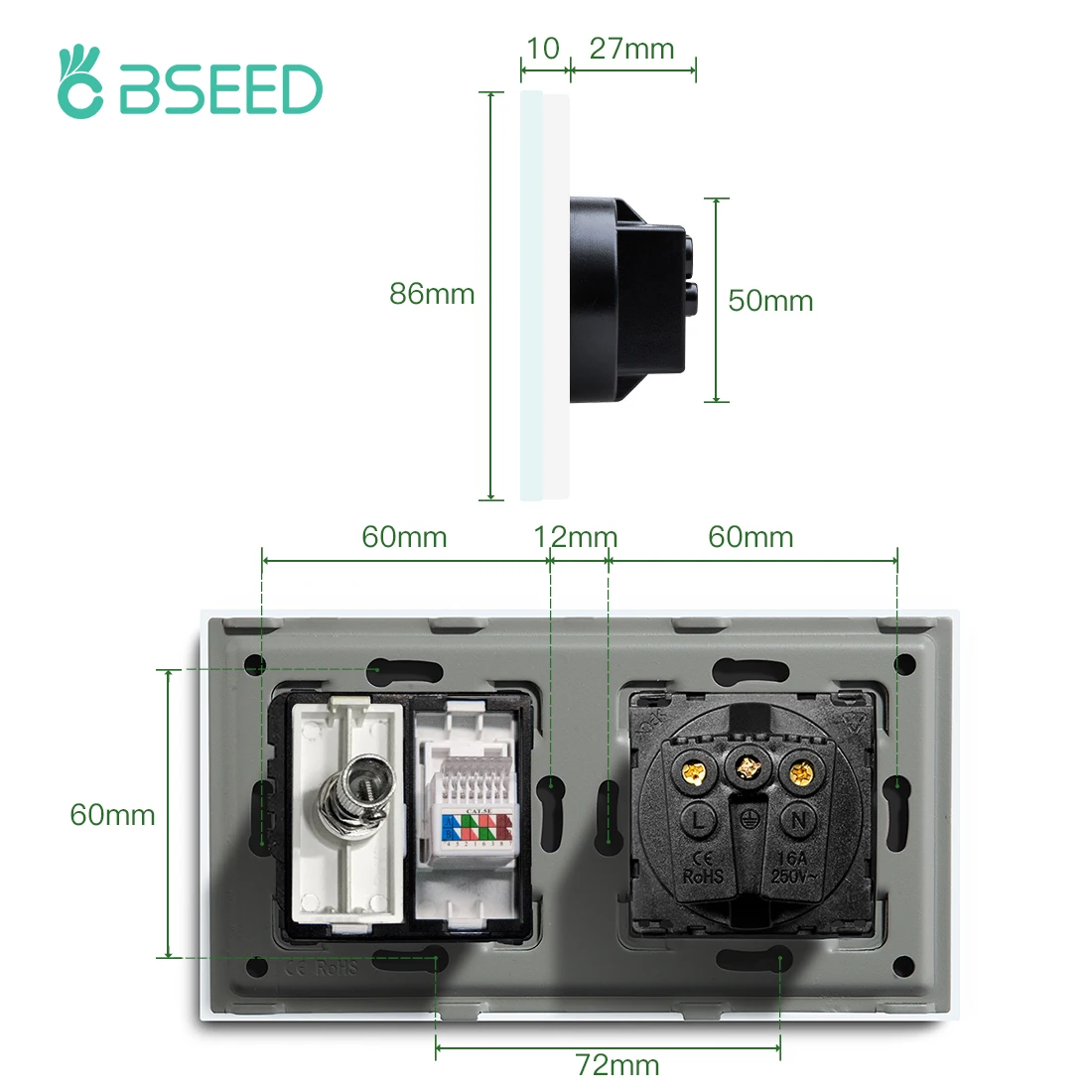 BSEED EU 표준 벽 소켓, PC ST 소켓 크리스탈 유리 패널 화이트 블랙 골든 CAT5 인터넷 위성 전원 소켓