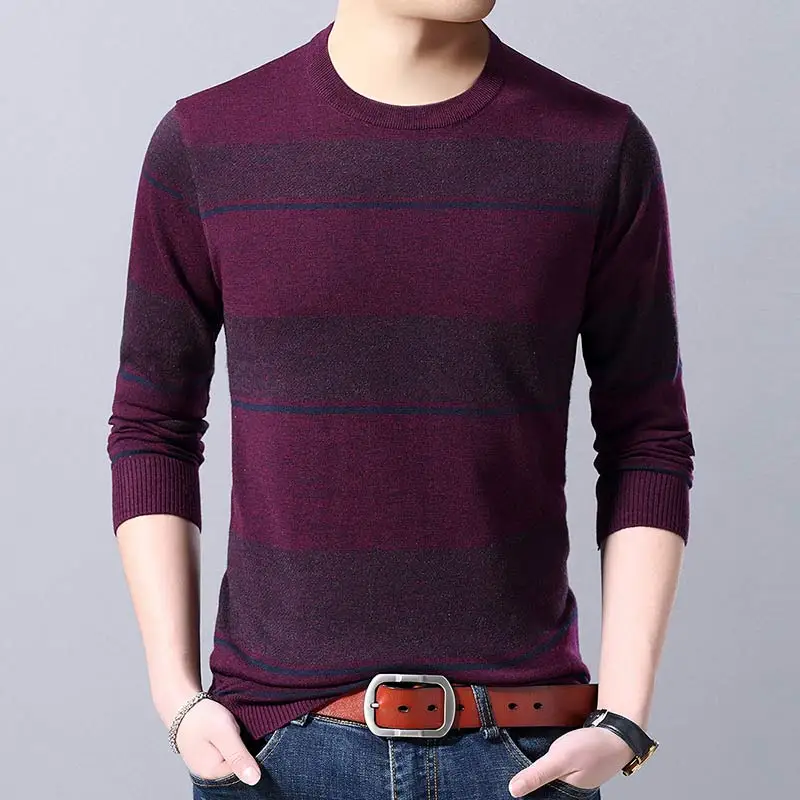 brand new casual thin striped knitted pull sweater men wear jersey mensluxury pullover mens sweaters male fashions 81002 - Цвет: Purple Red