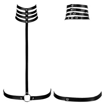 

Leather Neck Belt Black Tops Waist Hollow Out Metal Rivet Punk Goth Adjustable Art Festival Clothing Body Cage Harness Women