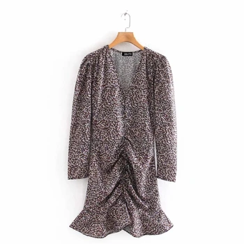 

New 2020 women elegant v neck floral print pleated design mini dress female hem ruffles vestidos chic casual slim dresses DS3199