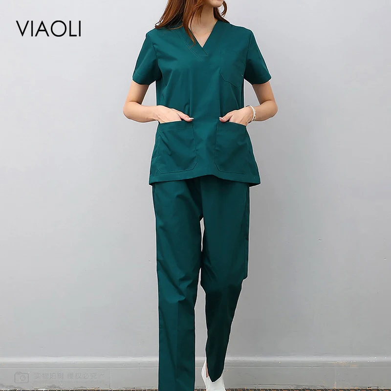 Viaoli, женская и Мужская медицинская форма, скрабы для кормления, одежда с коротким рукавом, пальто, одежда для доктора, одежда для кисти, ручная одежда, v-образный вырез - Цвет: Зеленый