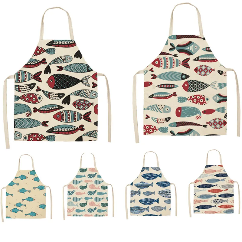 

Colorful Fish Printed Kitchen Aprons for Women Kids Sleeveless Cotton Linen Bibs Cooking Baking Cleaning Tools