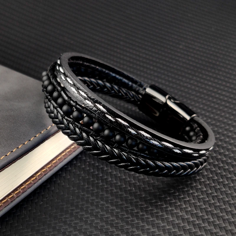 MingAo Punk Stainless Steel Beaded Custom Name Men Charm Bracelet Multi-layer Bangle Leather braid Magnet Clasp bracelet Jewelry