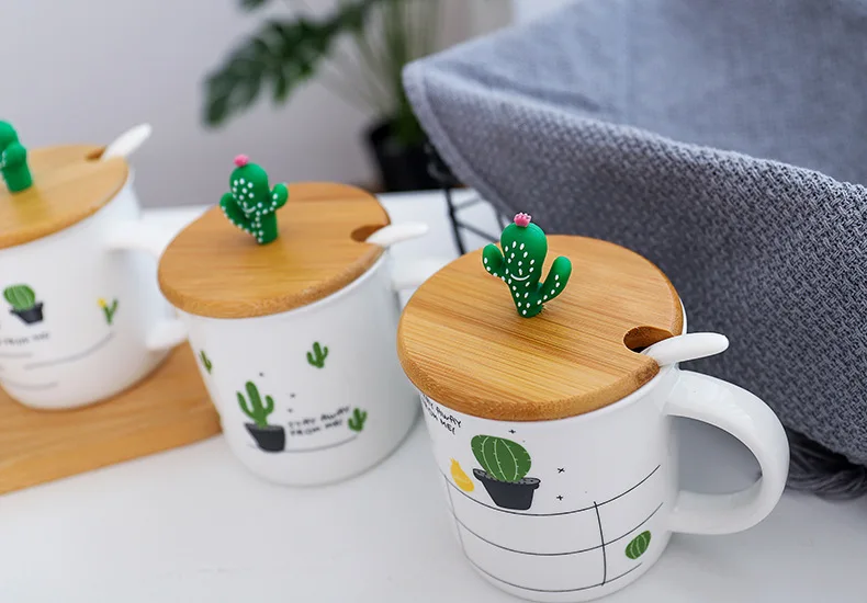 Кактус бамбуковая крышка керамическая чашка мультфильм завод кружки кофейная чашка с крышкой и ложкой для завтрака фарфоровая чашка