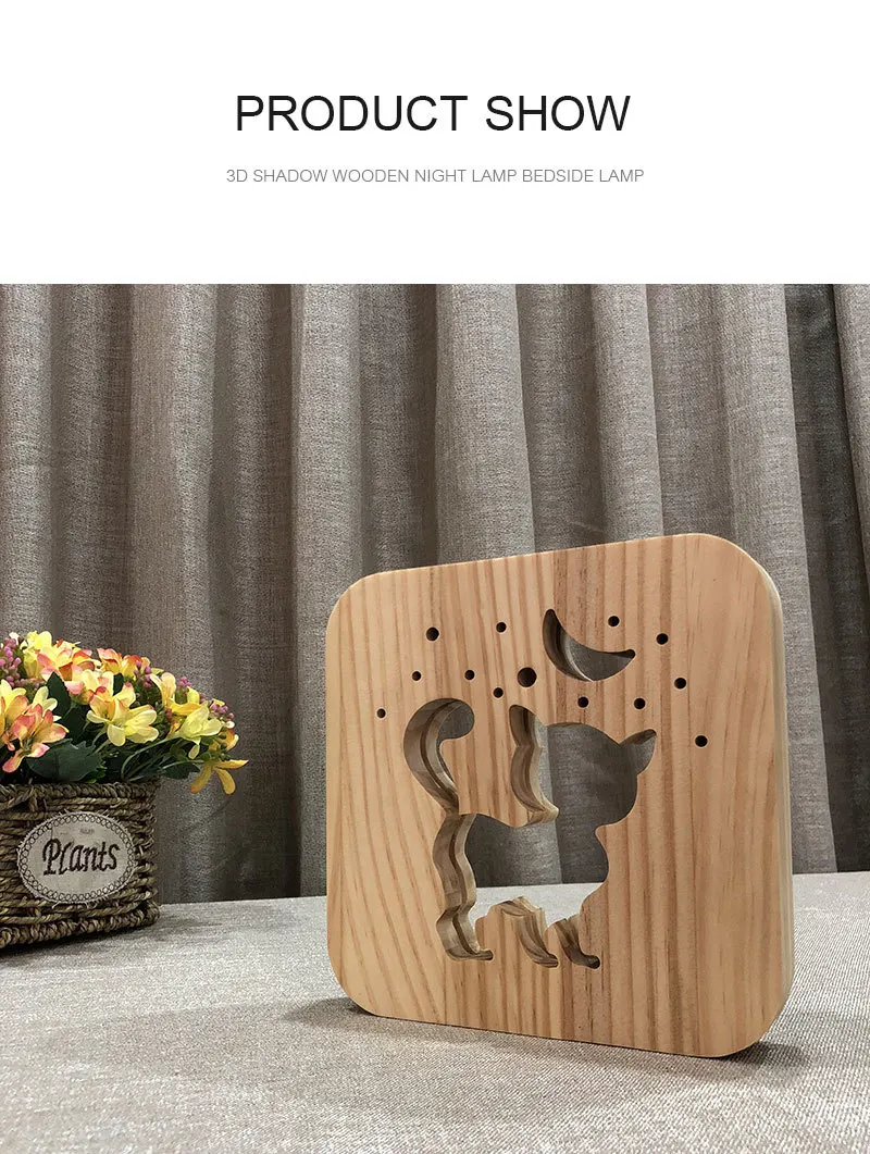Creative Wooden Lamp Animal Cute Cat Night Lamp Bedside Lamp 3D Shadow Wooden LED Table Light Carving Lamp for Children's Room Decoration (2)