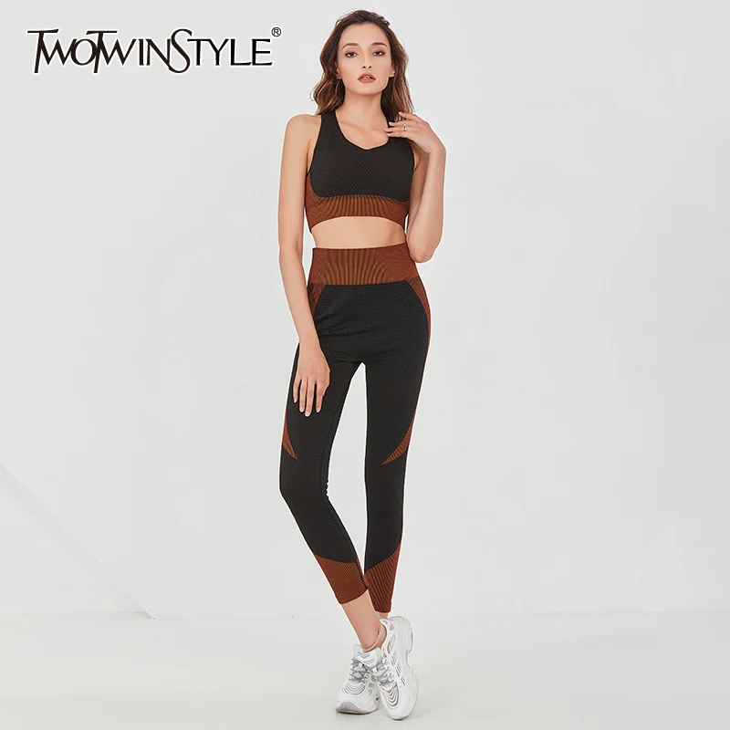 

TWOTWINSTYLE Slim Patchwork Two Piece Set For Women Square Collar Sleeveless Vest Full Length Pants Sport Suit Female 2020 Tide