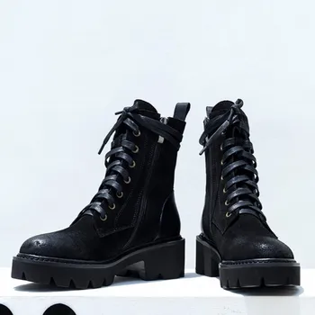 

Up Motorcycle Women Lace Vintage High Quality Leather Thick Heel Platform Botas Shoes Autumn Winter Fashion Ankle Boots