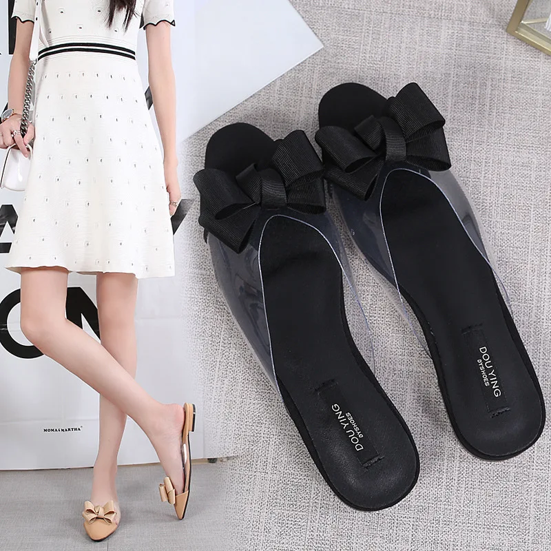 

Pointed Toe Transparent Slippers Shoes Without Heel 2019 New Women Slides Low Butterfly-knot Flat Soft Cover Fabric PU