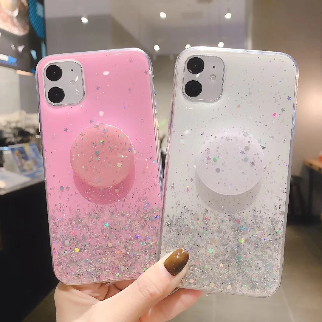 IMIDO роскошный блестящий Звездный чехол для телефона для IPhone 11 Pro XS MAX XR 7 8 6 6S Plus Блестящий Мягкий силиконовый чехол с держателем